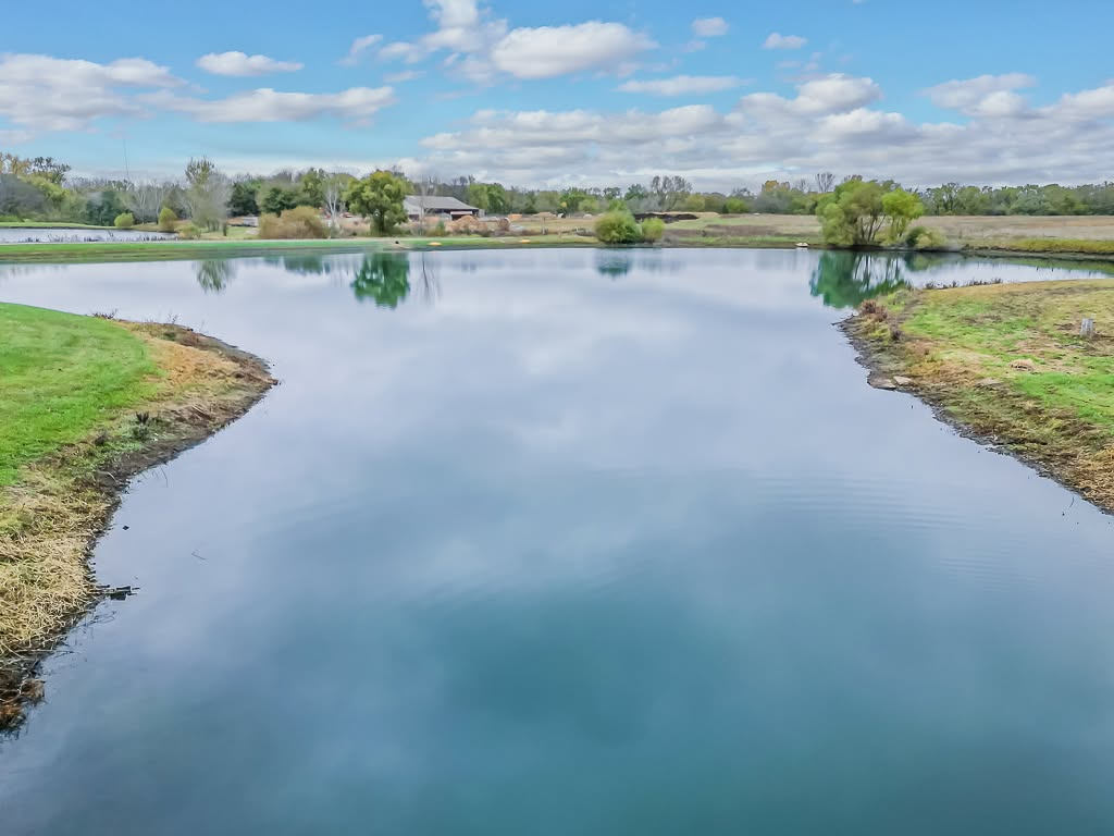 Peaceful river landscape with green banks, trees, and rural buildings under blue sky with white clouds